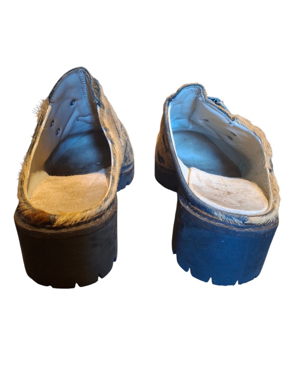 Vintage Geier Wally Austria Pony Hair Cow Print Clogs Sz 8.5 Lug Sole Mule - Picture 5 of 13